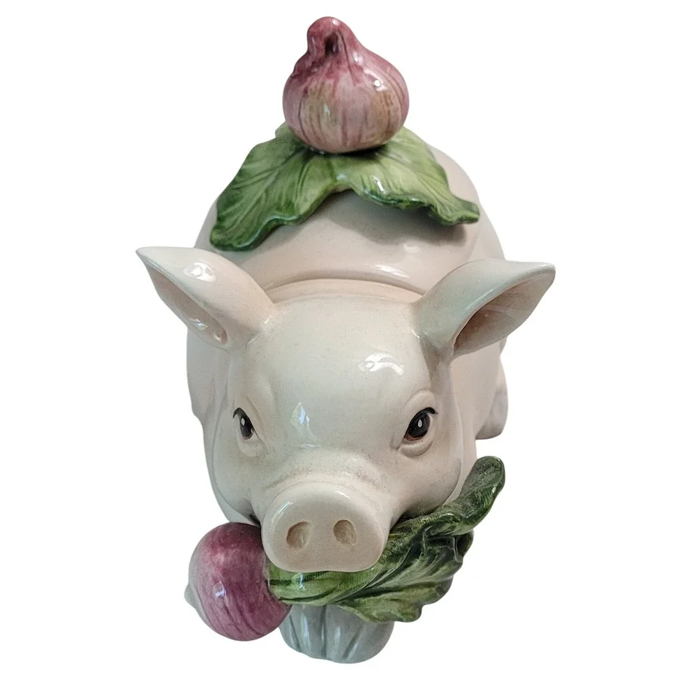 Fitz and Floyd French Market Percy Pig Jam Jar Cream Ceramic Honey Pot Lid